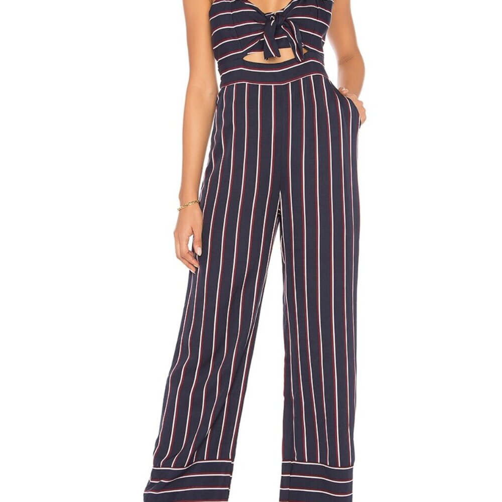 Bardot‎ Lulu Jumpsuit Womens XS Blue Stripe Cutout Tie Front Adjustable Straps